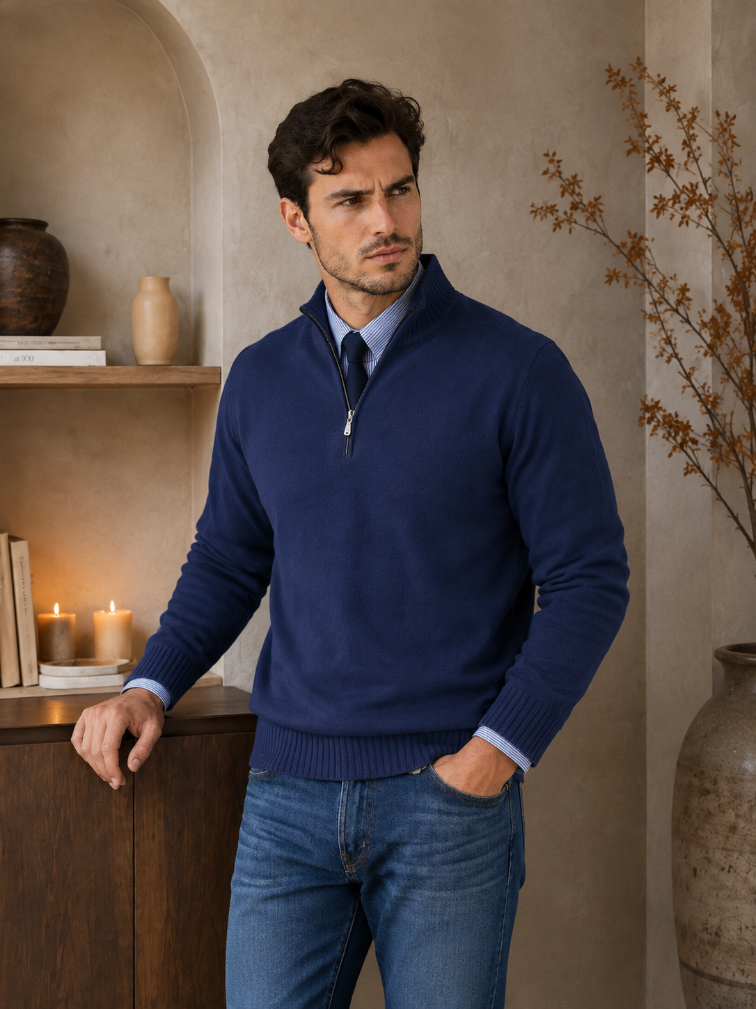 Men's navy blue half-zip sweater regular fit