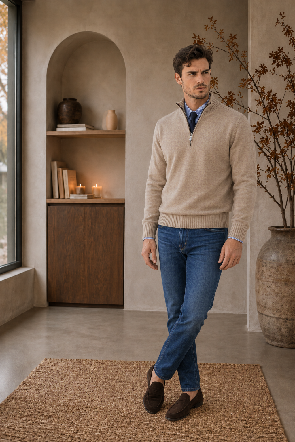 Men's beige half-zip sweater regular fit