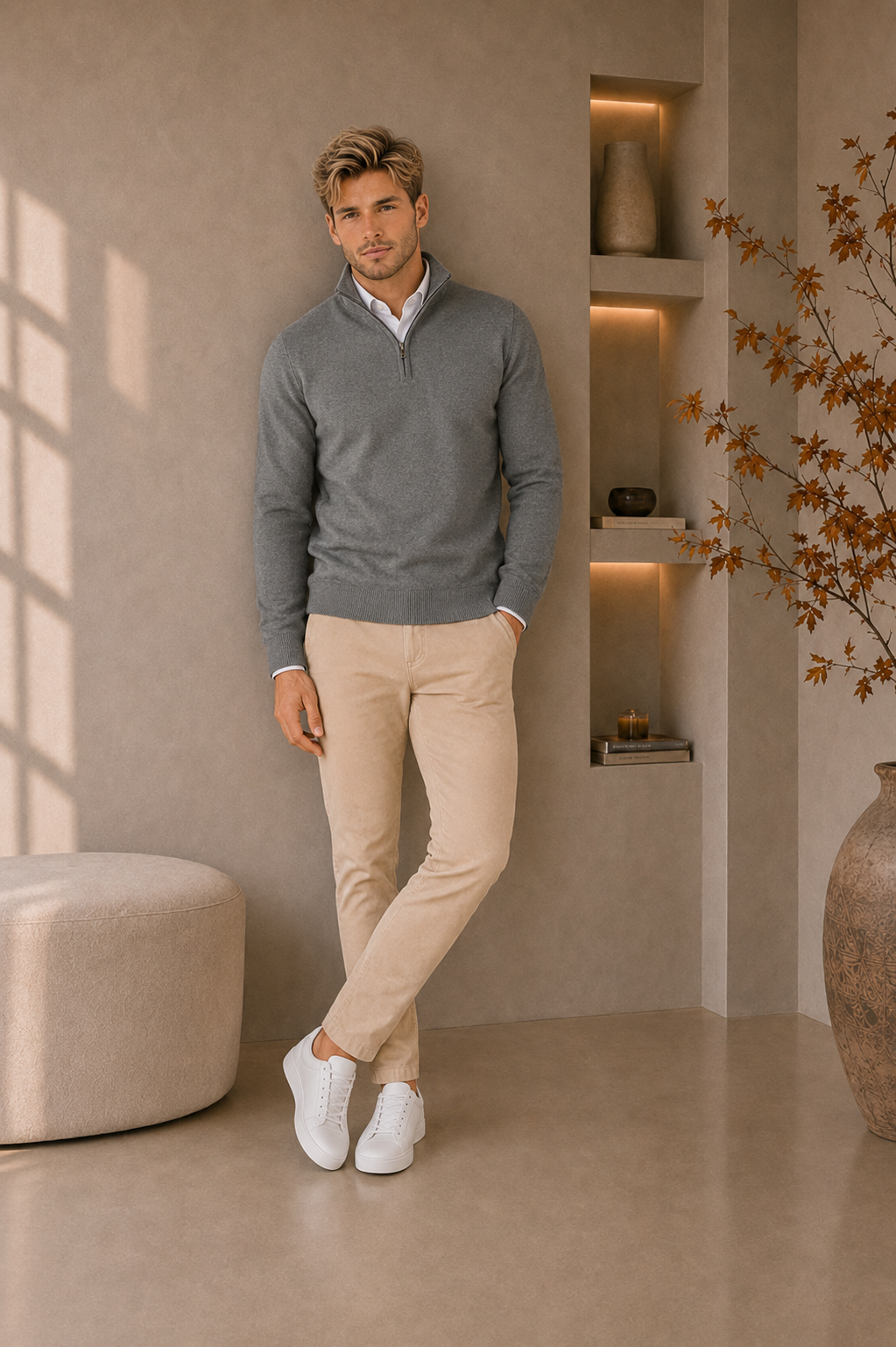 Men's cotton blend quarter-zip sweater with long sleeves and stand-up collar in regular fit
