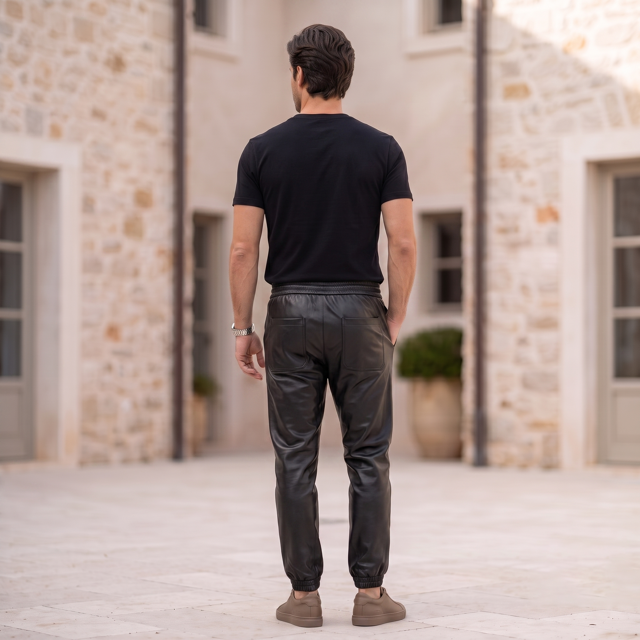 Men's faux leather joggers with elastic drawstring waistband and tapered leg