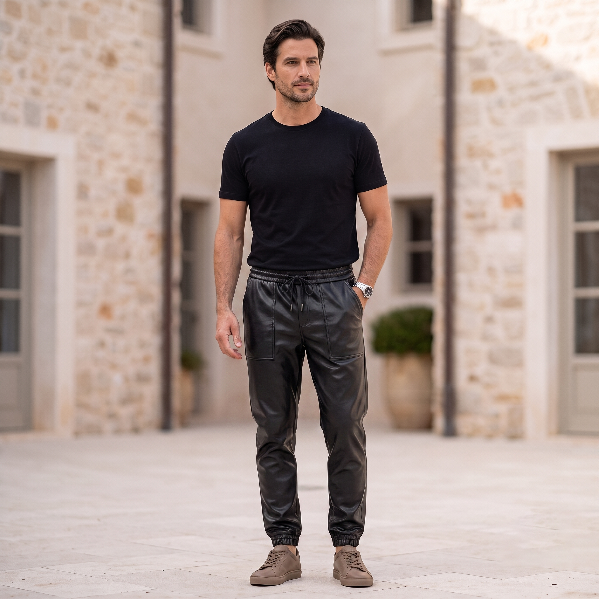 Men's faux leather joggers with elastic drawstring waistband and tapered leg