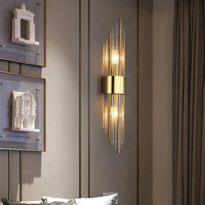 Metal and glass wall sconce with integrated light sources, suitable for living rooms and hallways