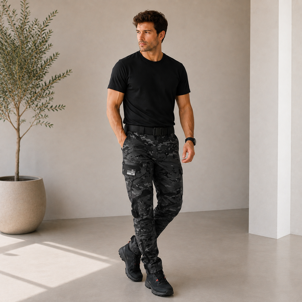 Men's tactical trousers with cargo pockets and integrated waist belt