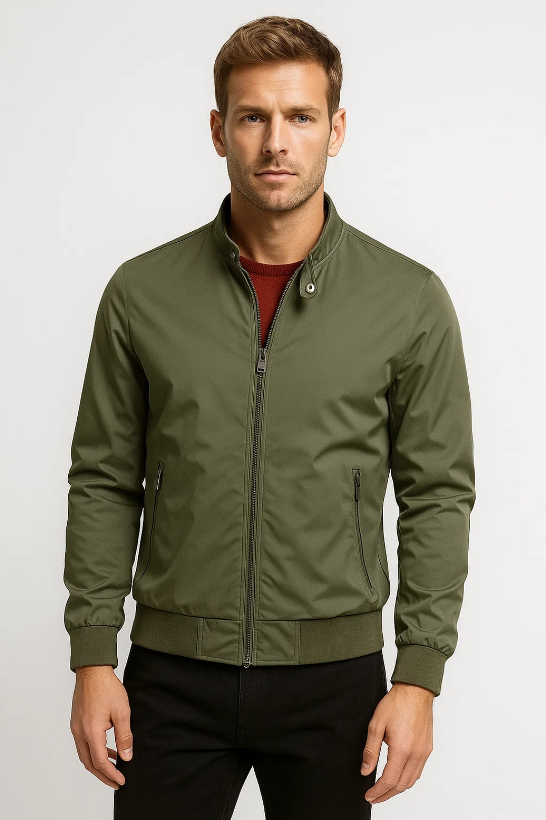 Men's layering overshirt jacket featuring a snap-button collar, long sleeves, and straight waist-length hem