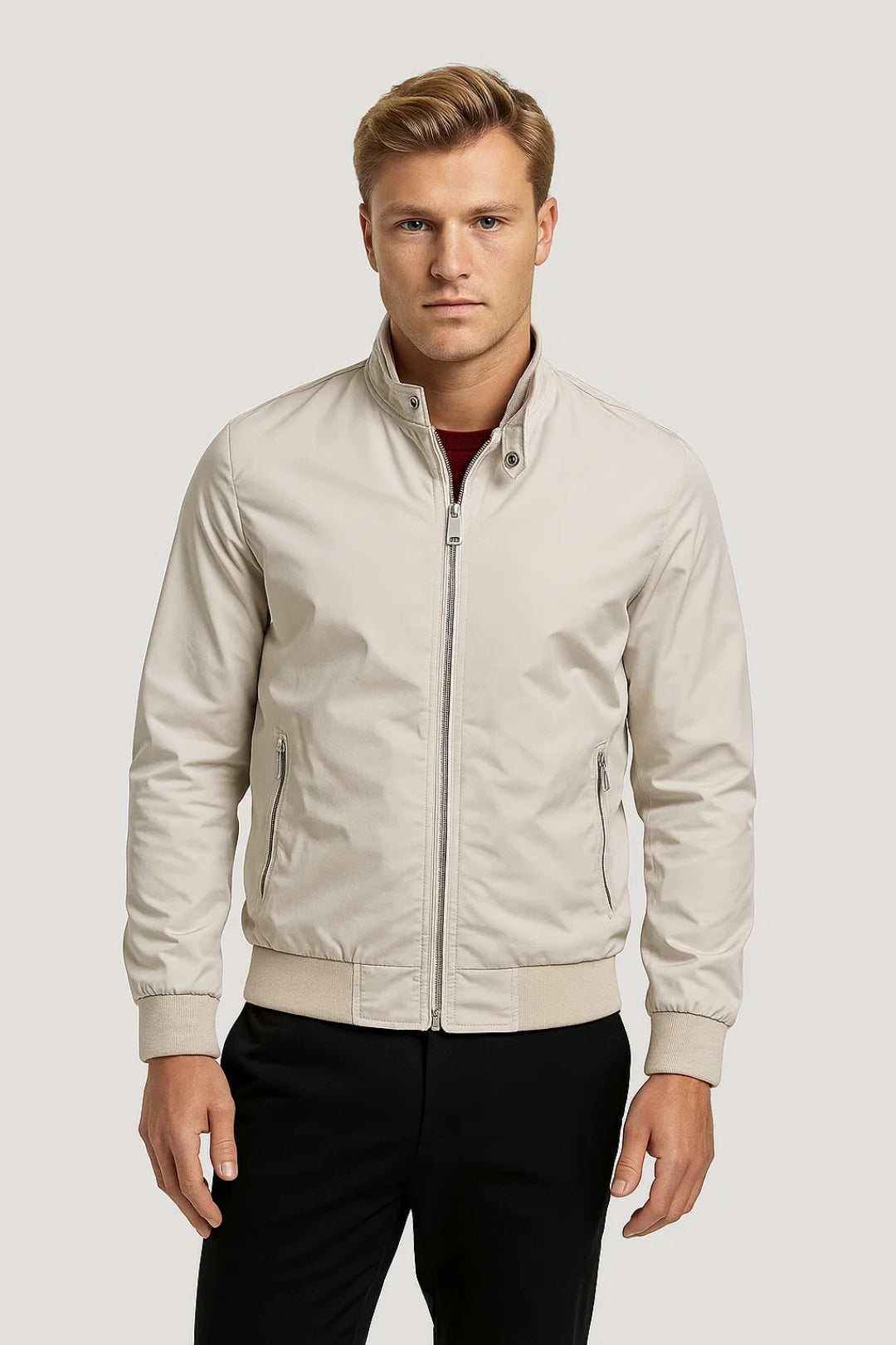 Men's casual overshirt jacket with zip closure, snap-button stand collar, and adjustable button cuffs