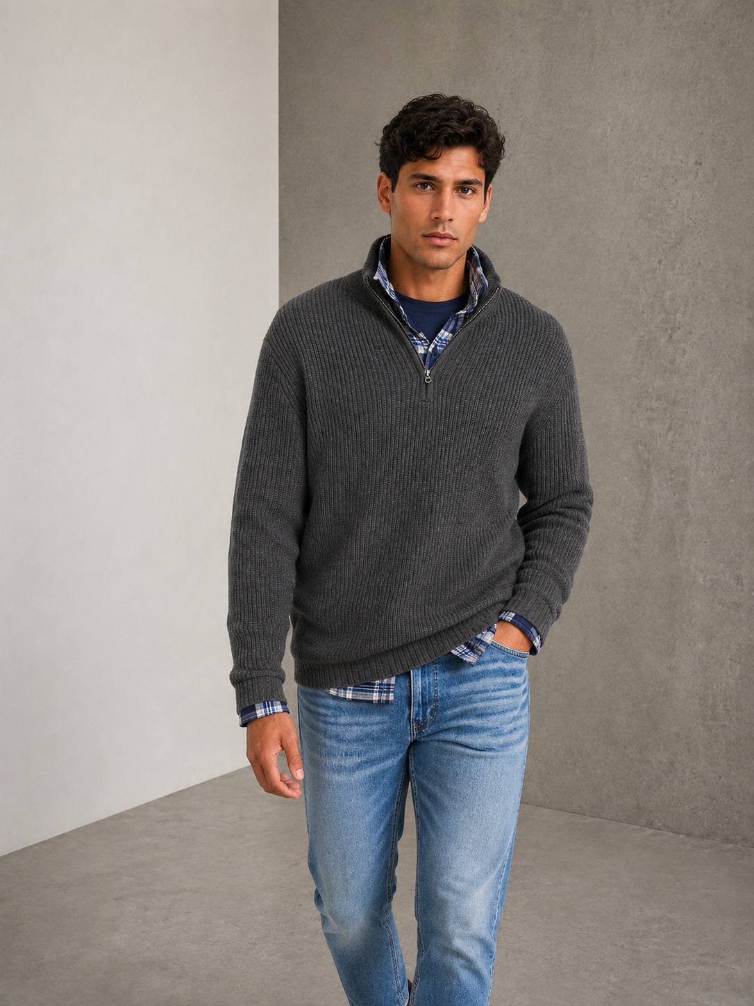 Grey half-zip knit sweater for men