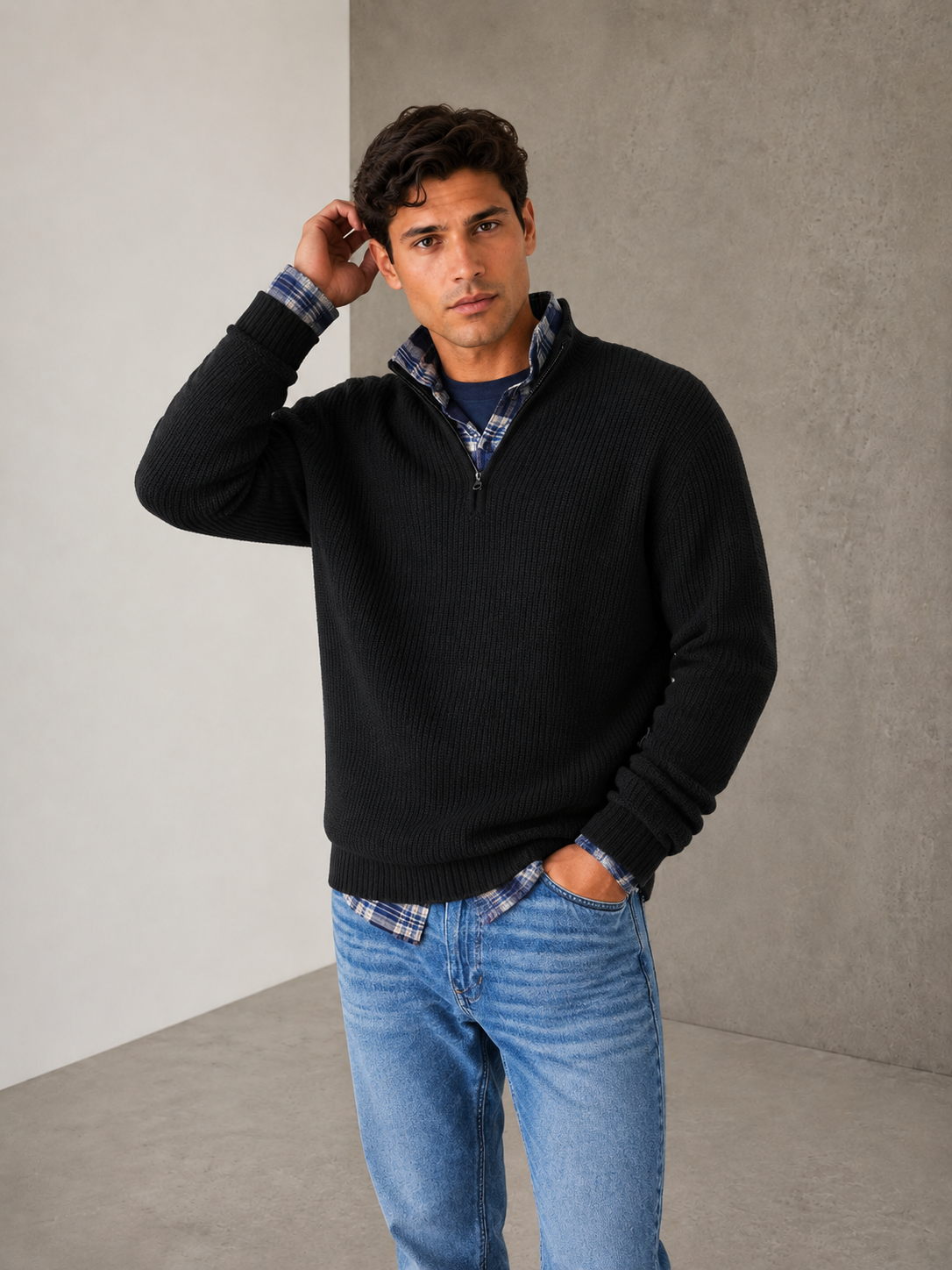 Black half-zip knit sweater for men