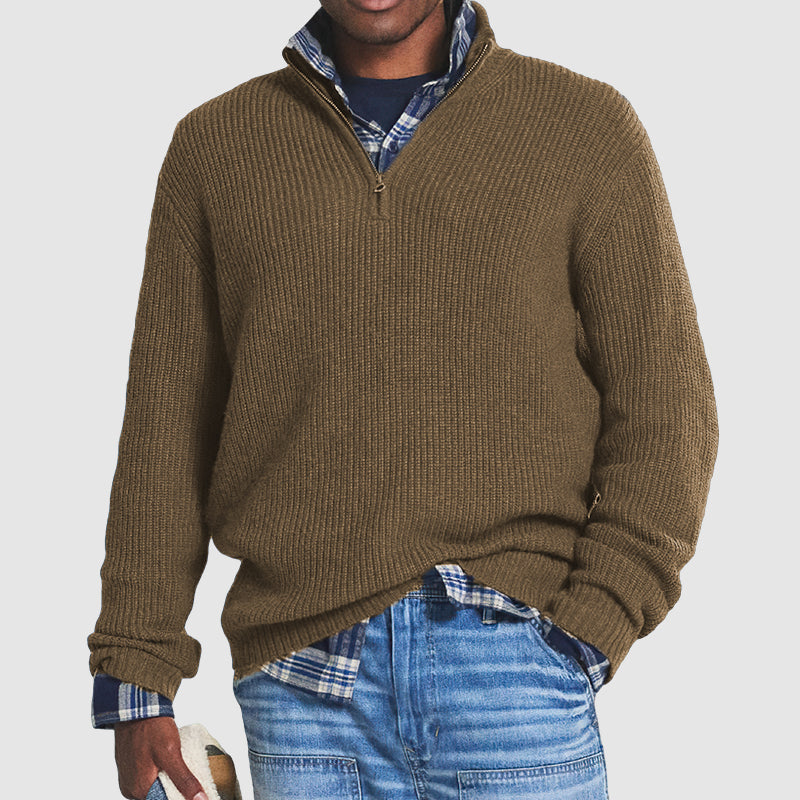 Men's half-zip sweater in cotton-blend knit with structured collar