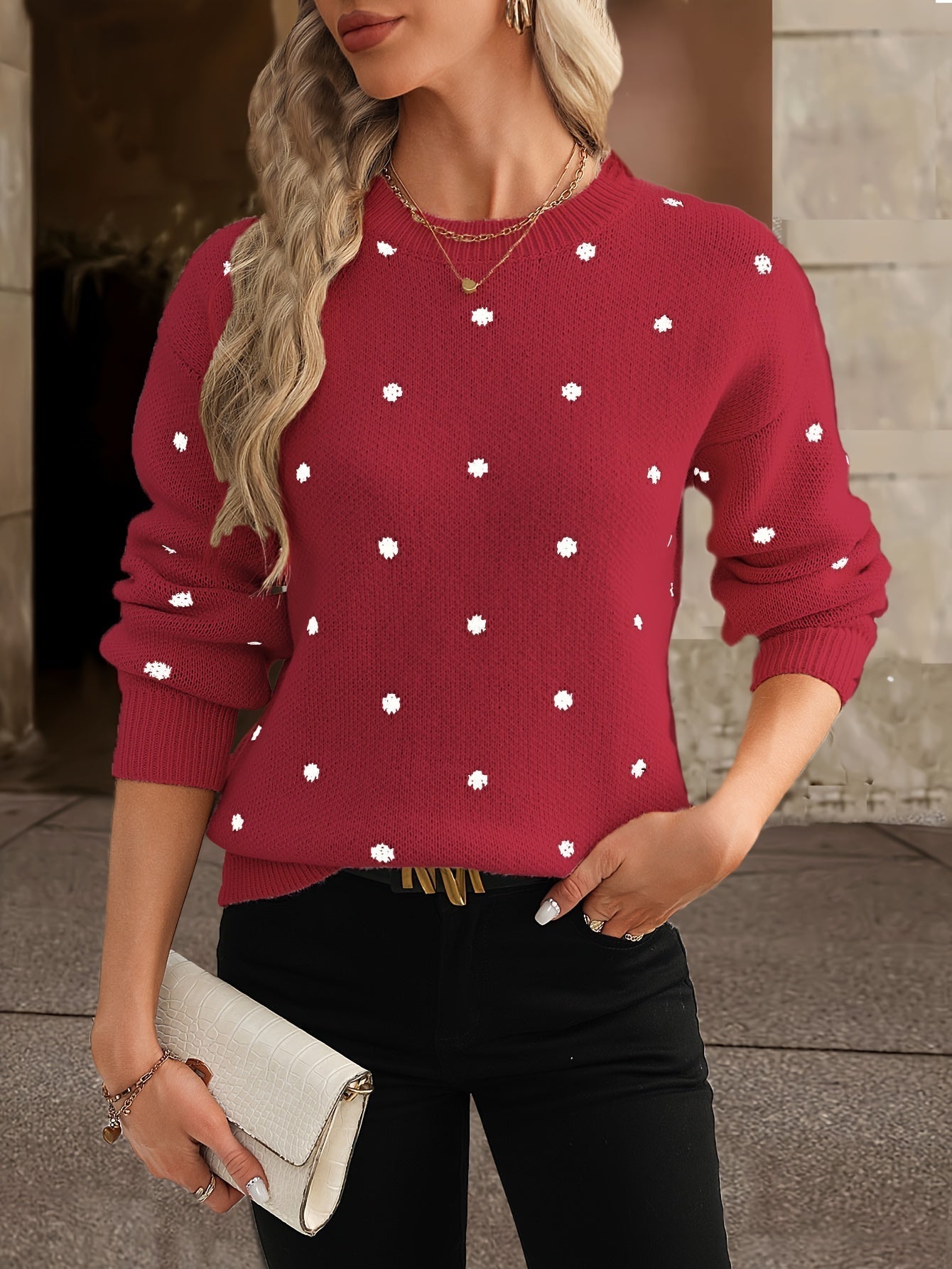 Women's dot-pattern crew neck sweater, three-quarter angle view