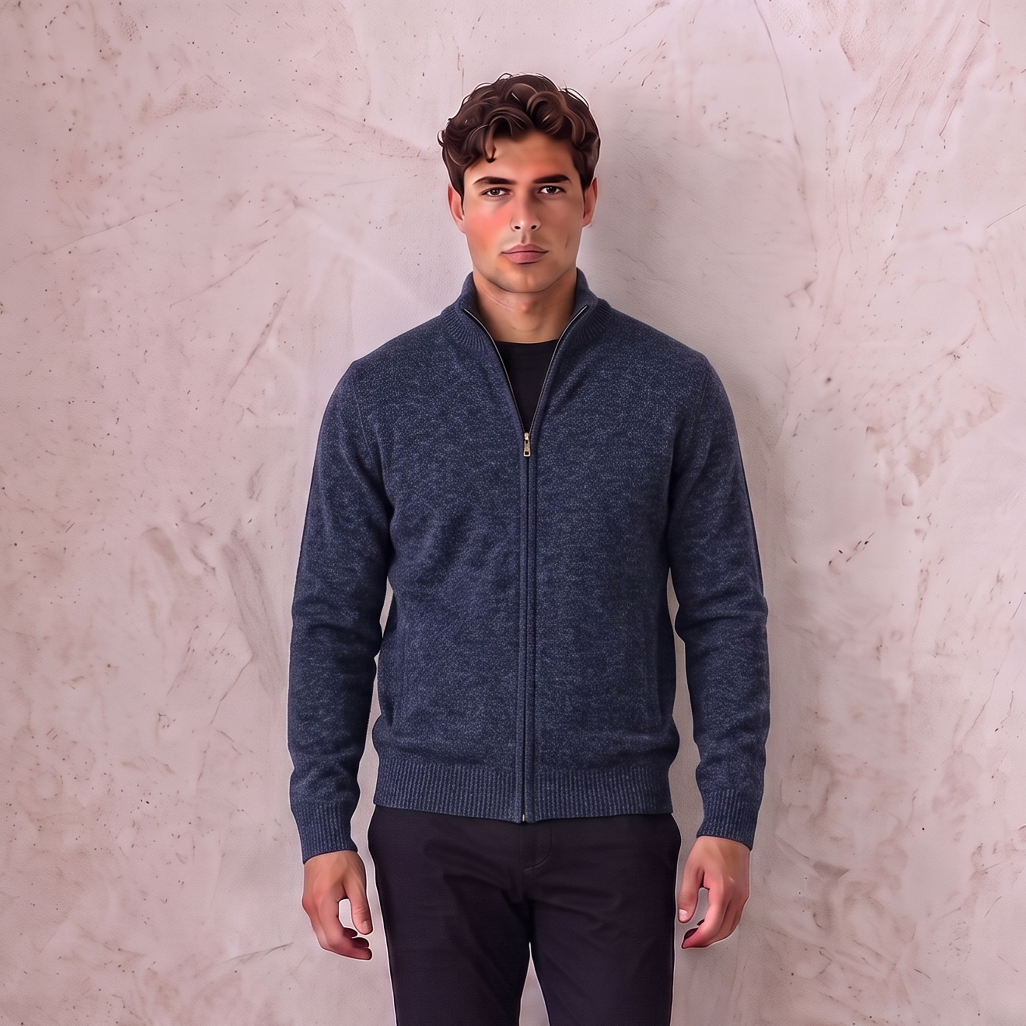 Men's zip-up wool-blend knit jacket with clean silhouette and stand-up collar