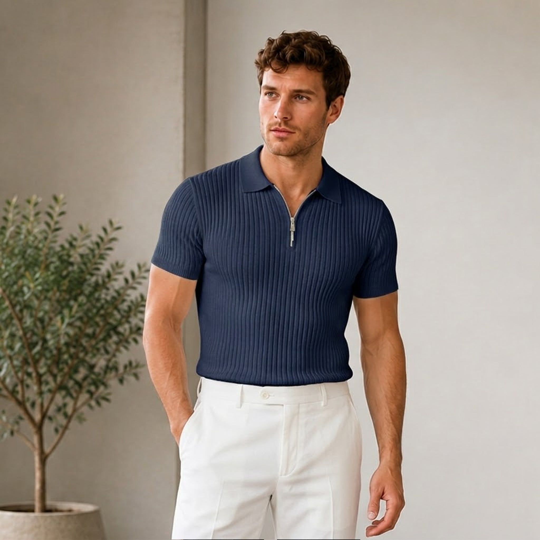 Men's short-sleeve ribbed polo shirt with a straight hem and vertical knit texture