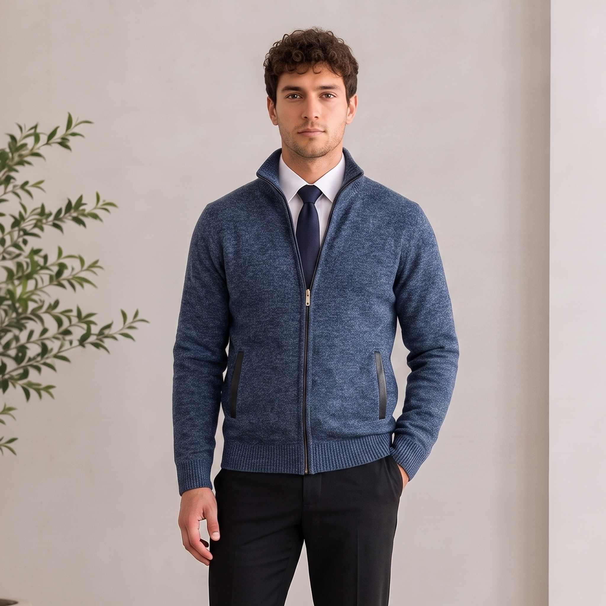 Textured Knit Jacket Zip Front Men