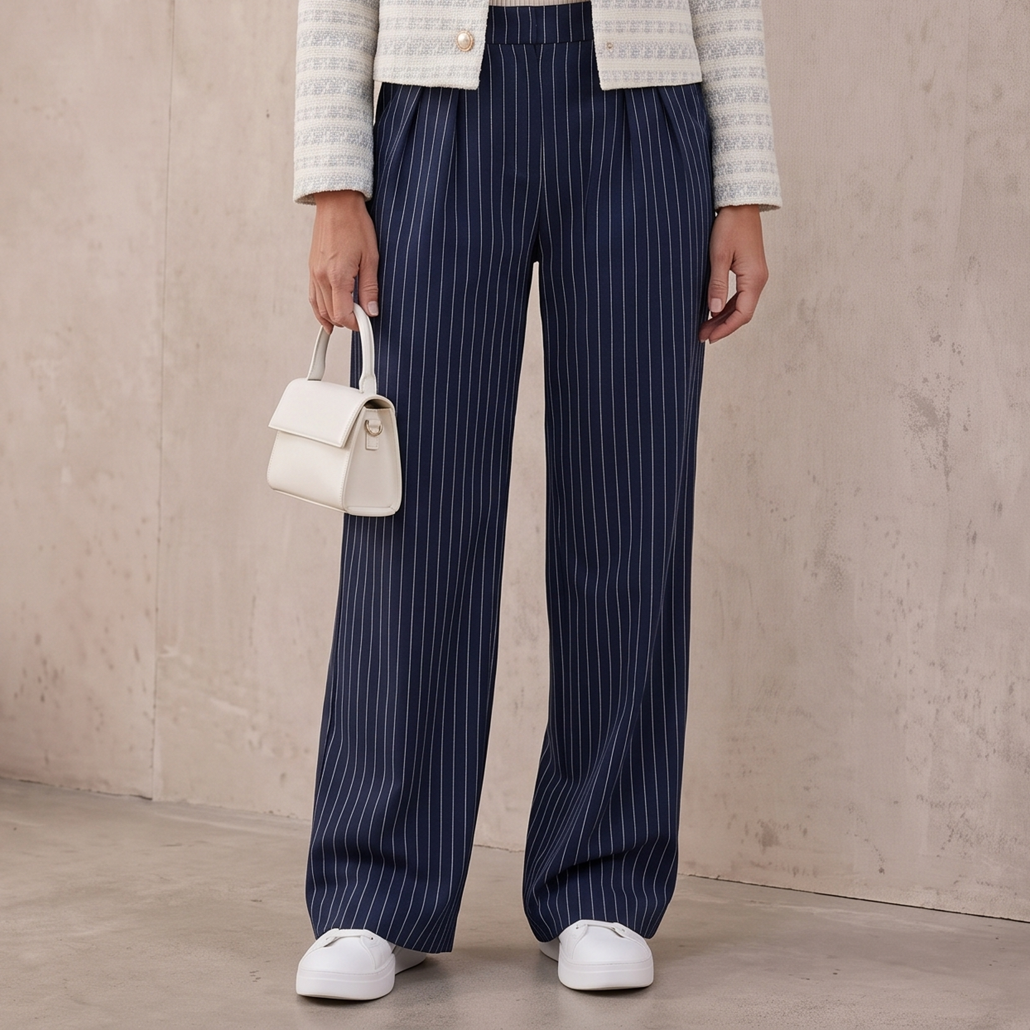 Women's woven wide-leg trousers with vertical stripe pattern and high waist