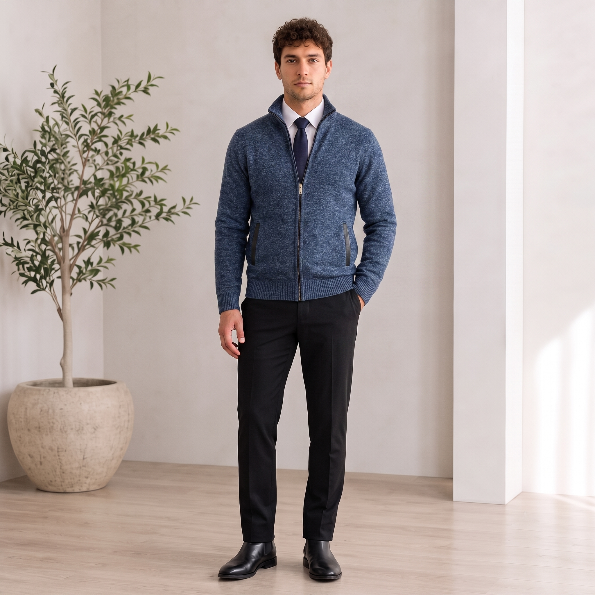 Textured Knit Jacket Zip Front Men
