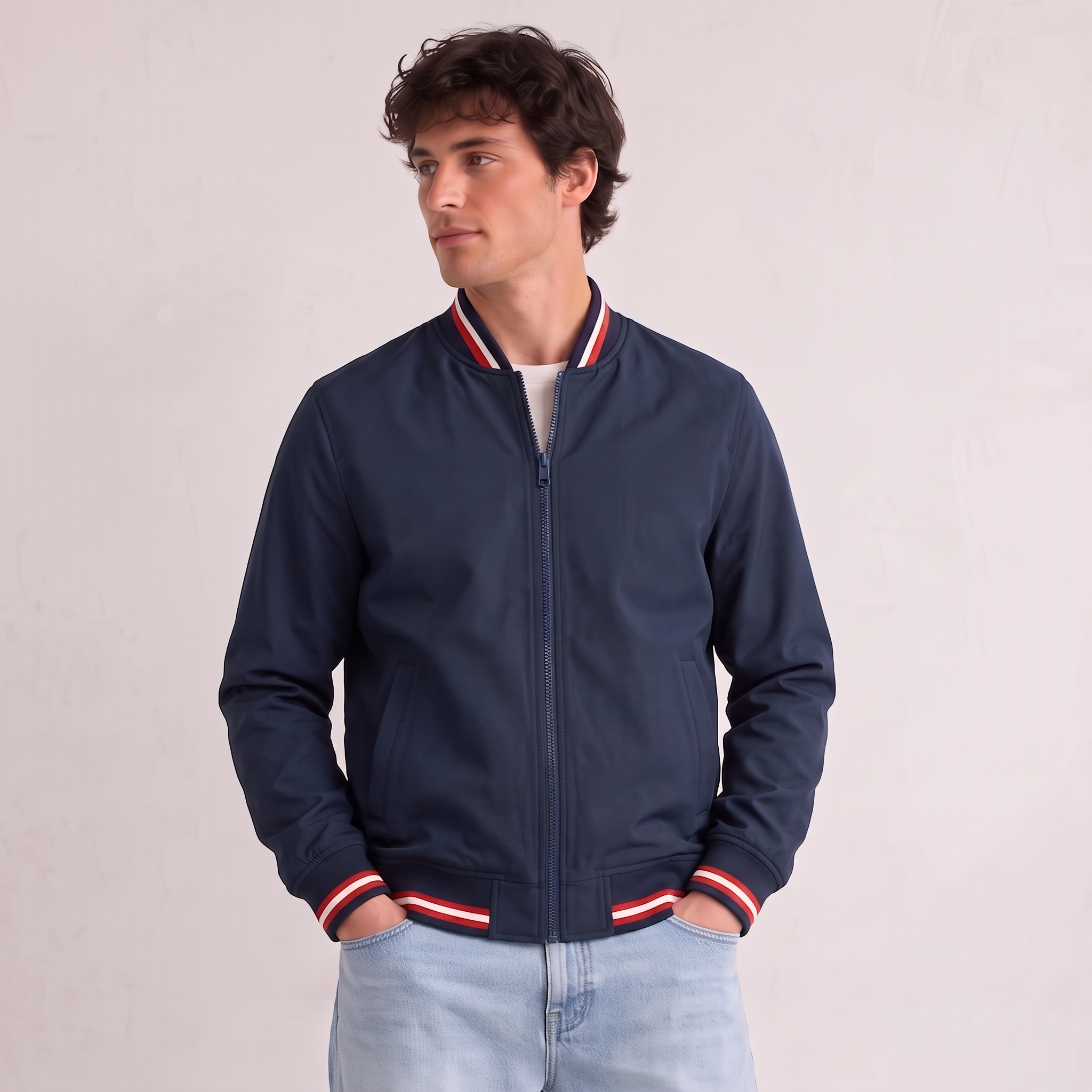 Men's minimalist bomber jacket with striped ribbed trim, regular fit, and waist-length silhouette