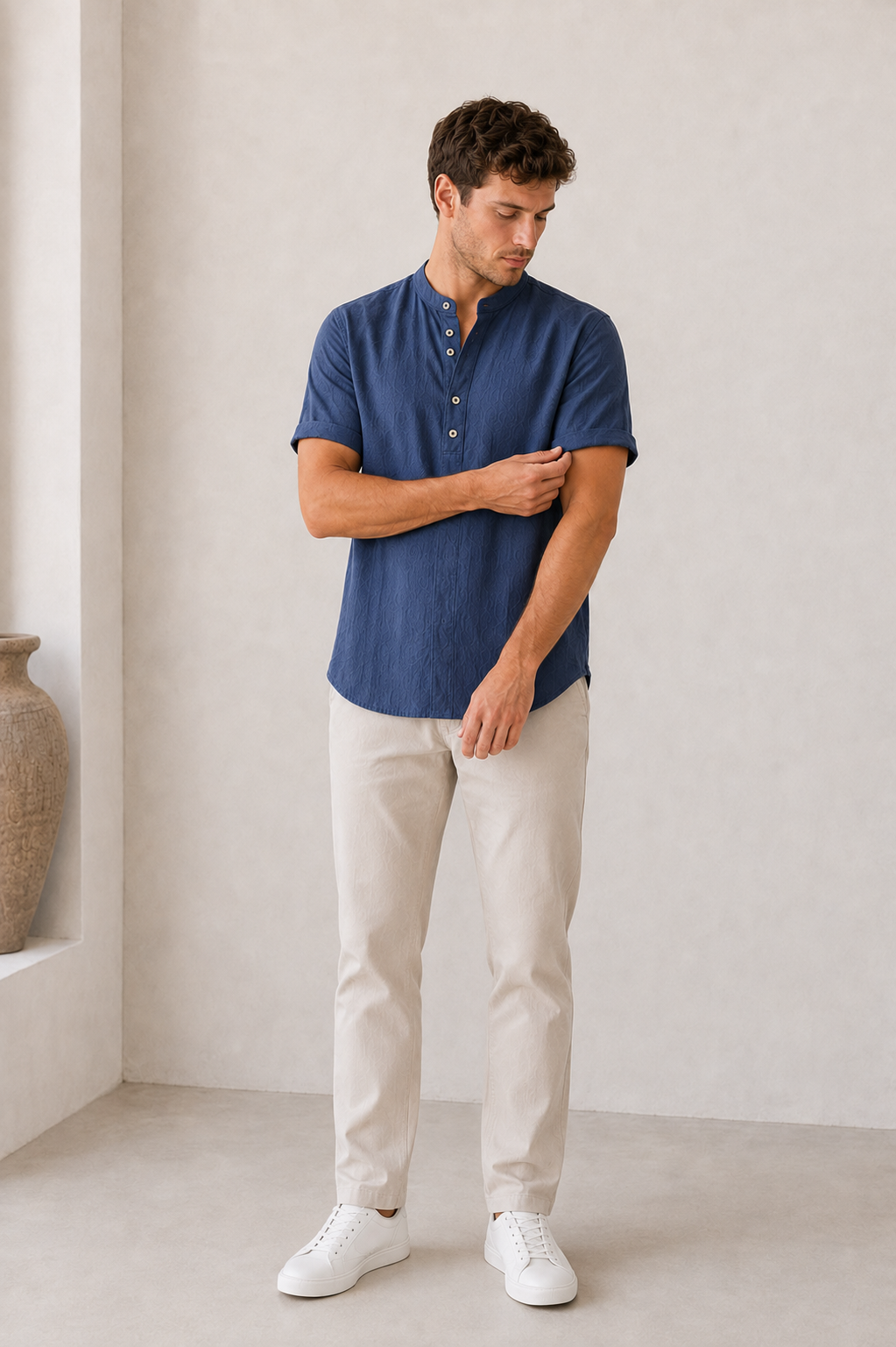 Men's navy short sleeve linen shirt for casual summer wear
