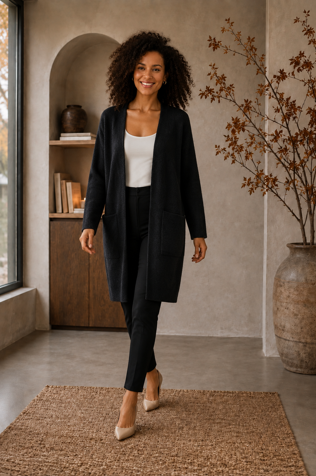 Black open front knit cardigan women with pockets