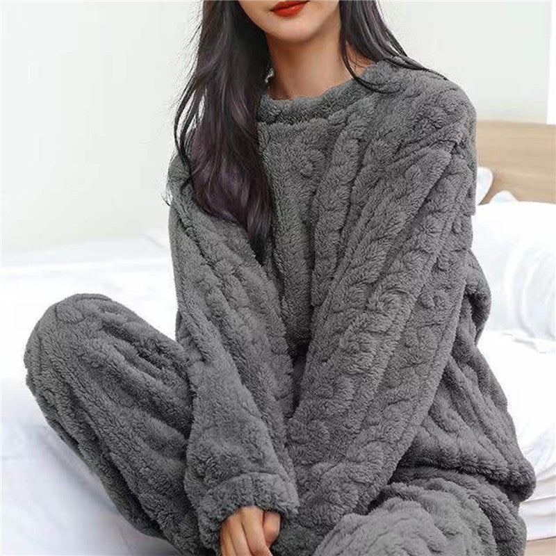 Women's soft lounge set with a round-neck long-sleeved top and matching relaxed-fit trousers