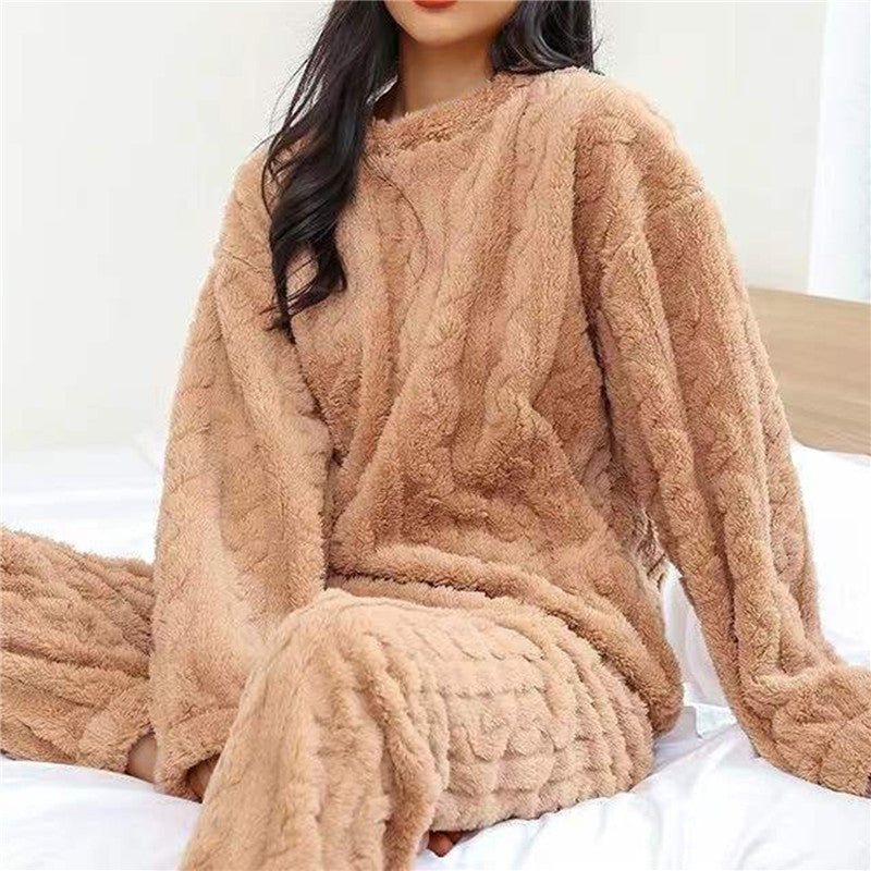 Women's soft fleece lounge set with a long-sleeved round-neck top and coordinating lounge trousers