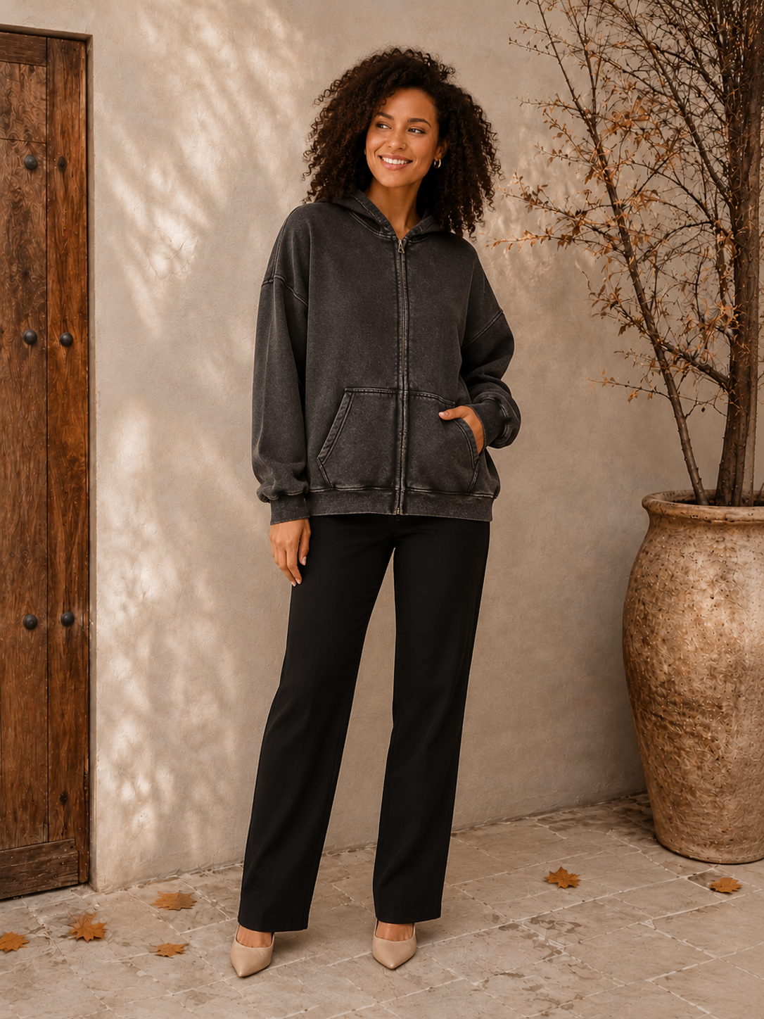 Nora oversized black zip up hoodie for women