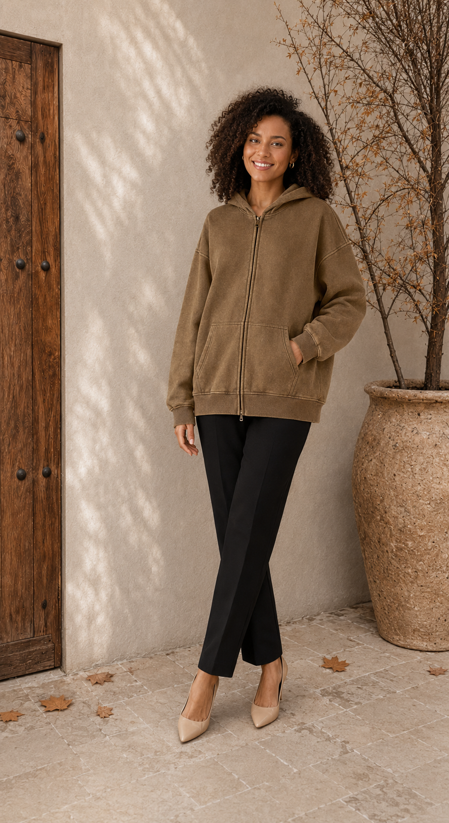 Nora oversized beige zip up hoodie for women