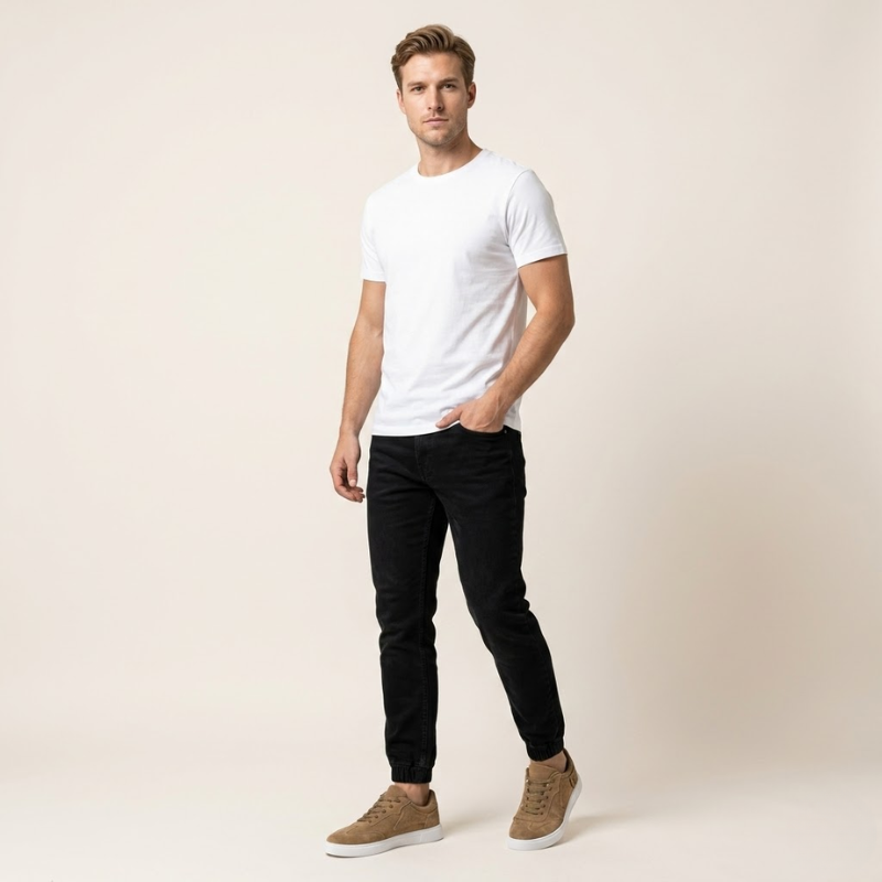 Men's low-profile suede sneakers with sewn panel construction and padded collar