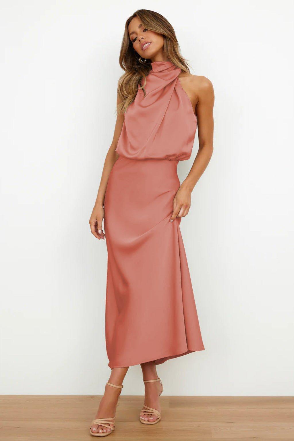 Sleeveless satin halterneck midi dress with a fluid drape and pull-on silhouette