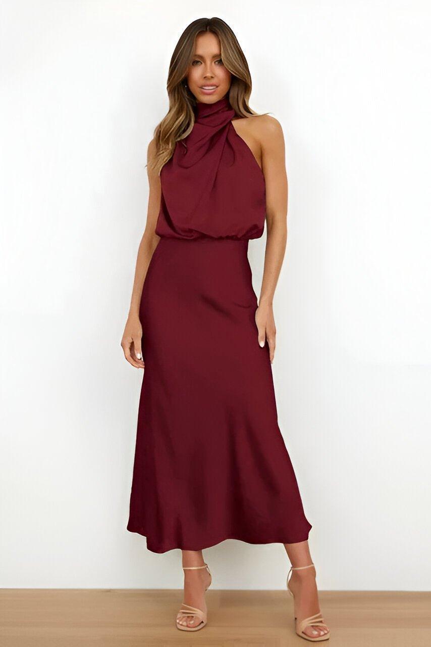 Women's satin halterneck midi dress with a lightweight sleeveless construction and midi hem