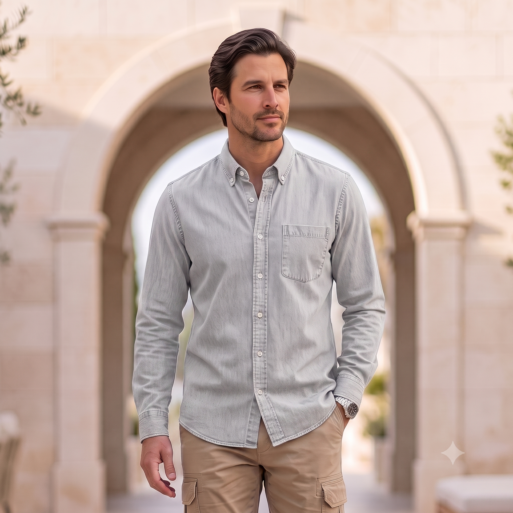 Men's regular-fit denim shirt with long sleeves, button cuffs, and a classic collar