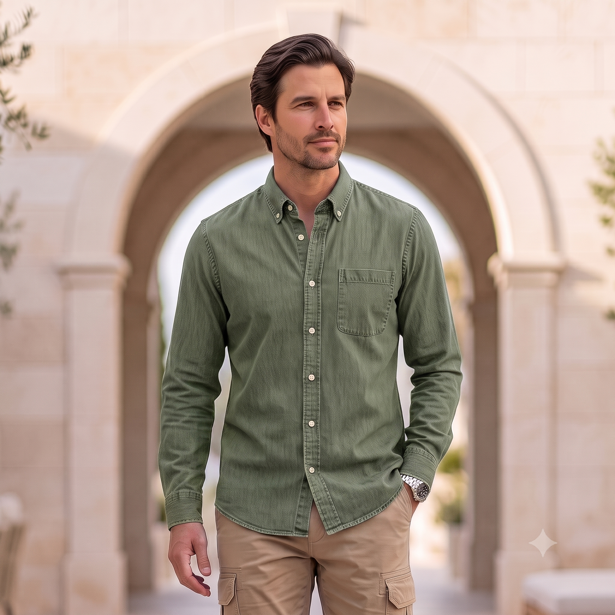 Men's denim shirt with a classic collar, front button closure, and clean seam construction