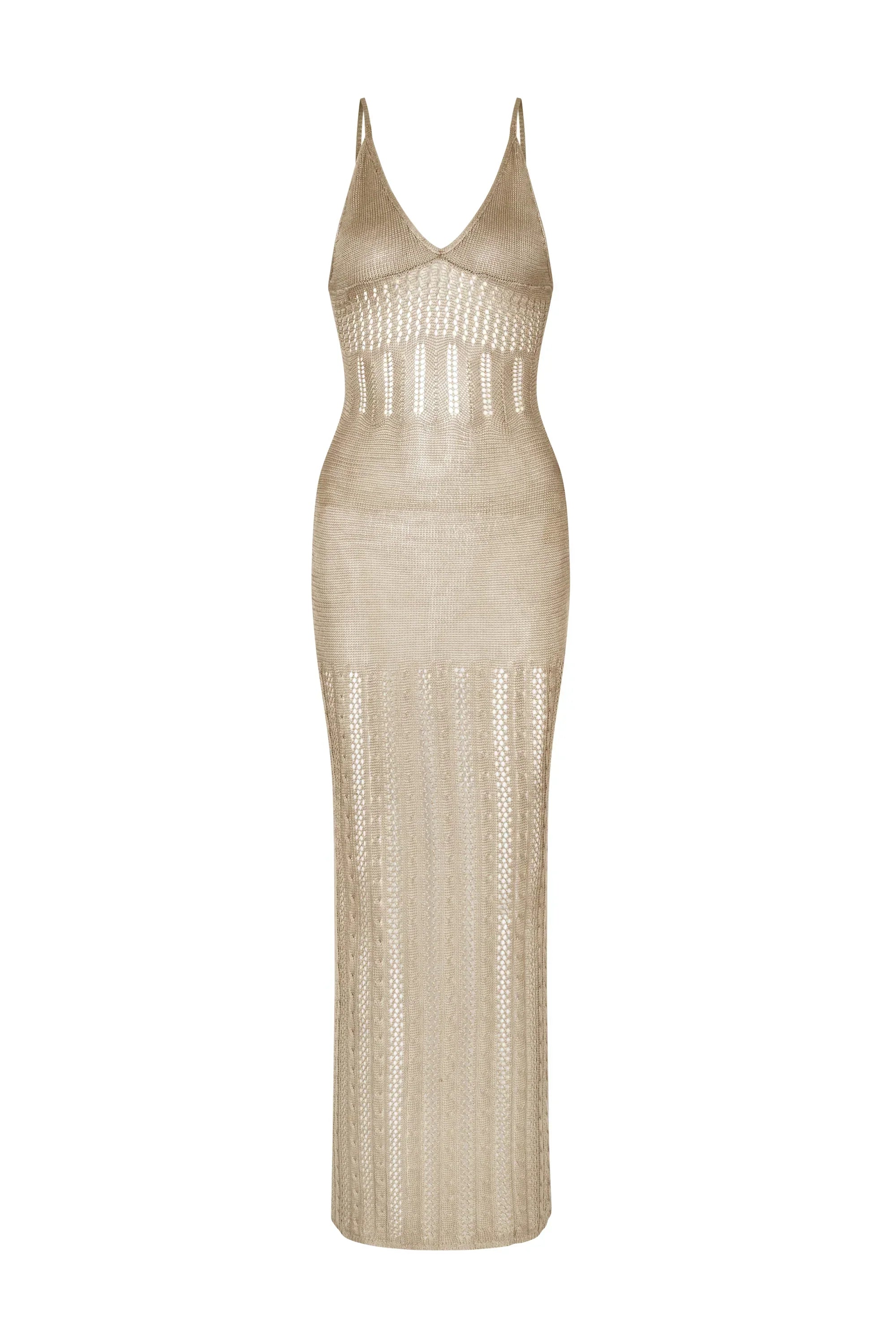 Women's open-structure knitted maxi dress with V-neck and form-fitting fit