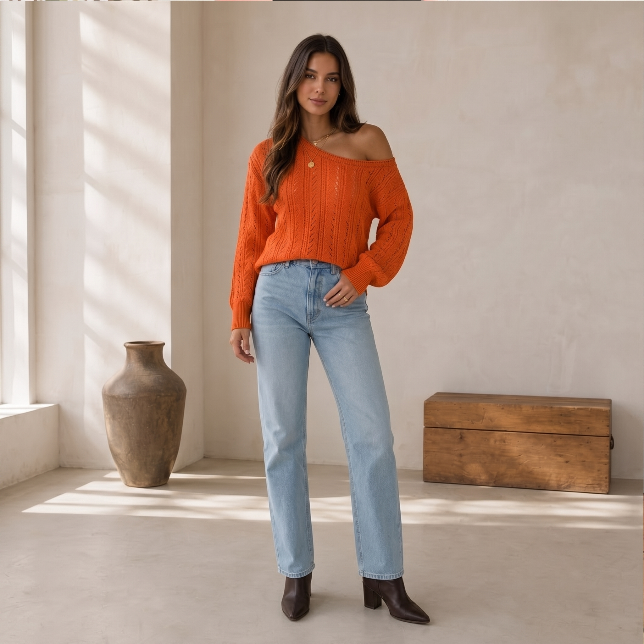 Off-shoulder cotton-blend knit sweater with ribbed hem and slim silhouette