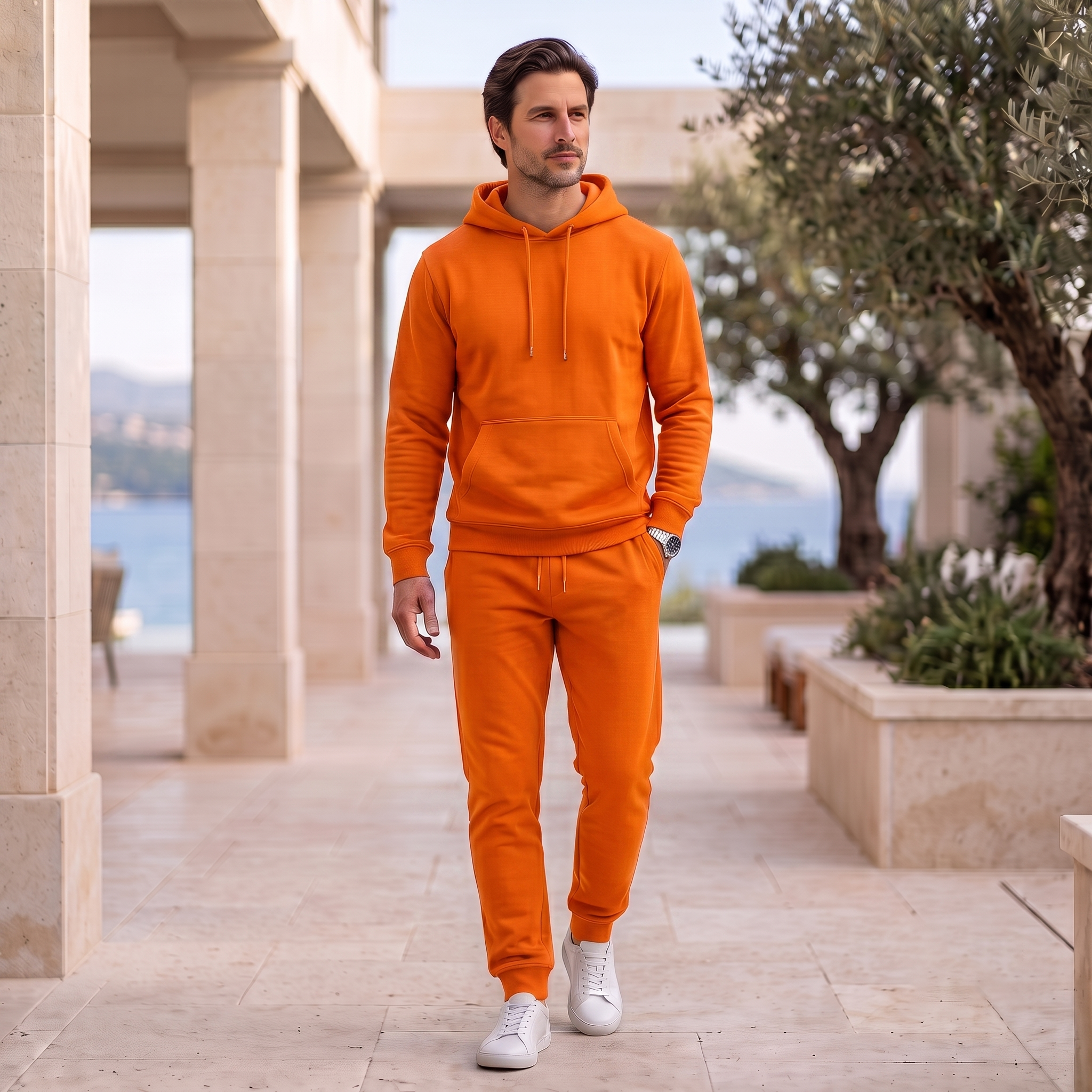 Men's two-piece hoodie and joggers set with adjustable drawstring hood, ribbed hem, and full-length tapered joggers