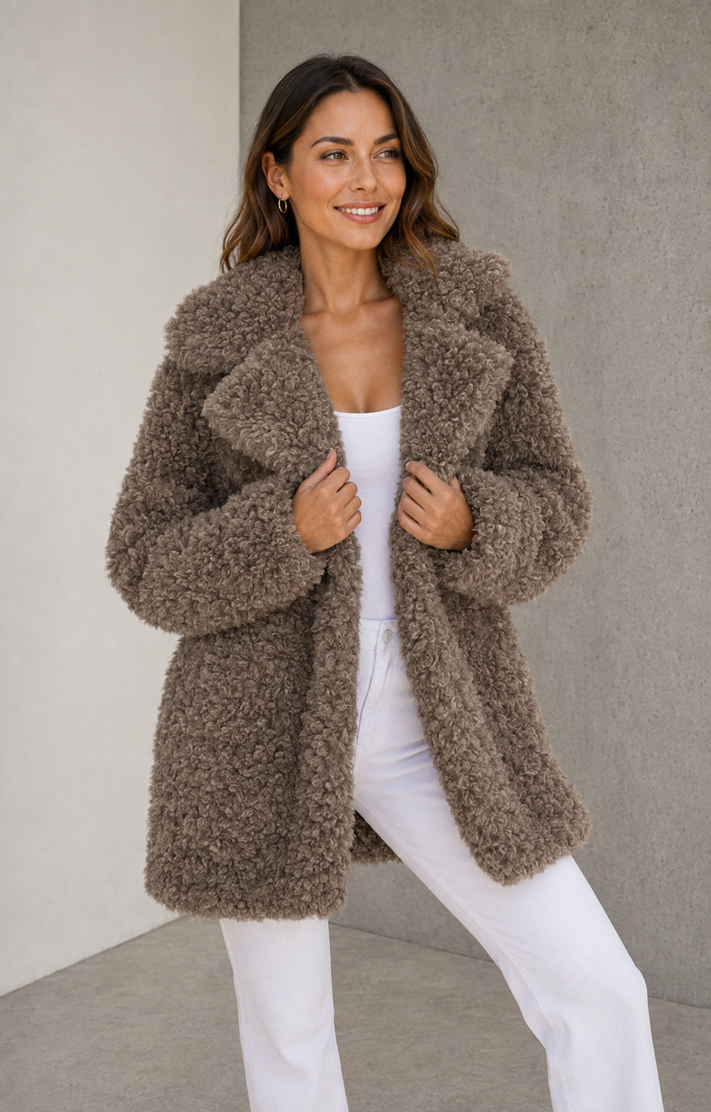 Brown oversized teddy jacket women plush fleece outerwear