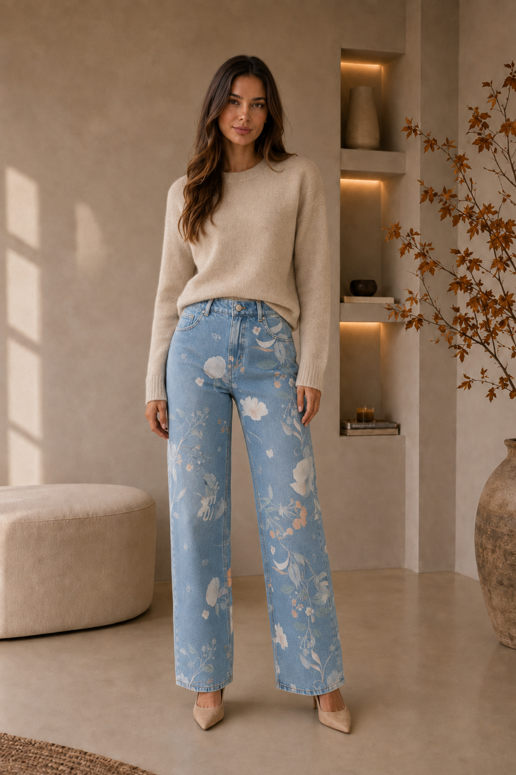 Women's high-waist straight-fit jeans with an all-over floral denim print