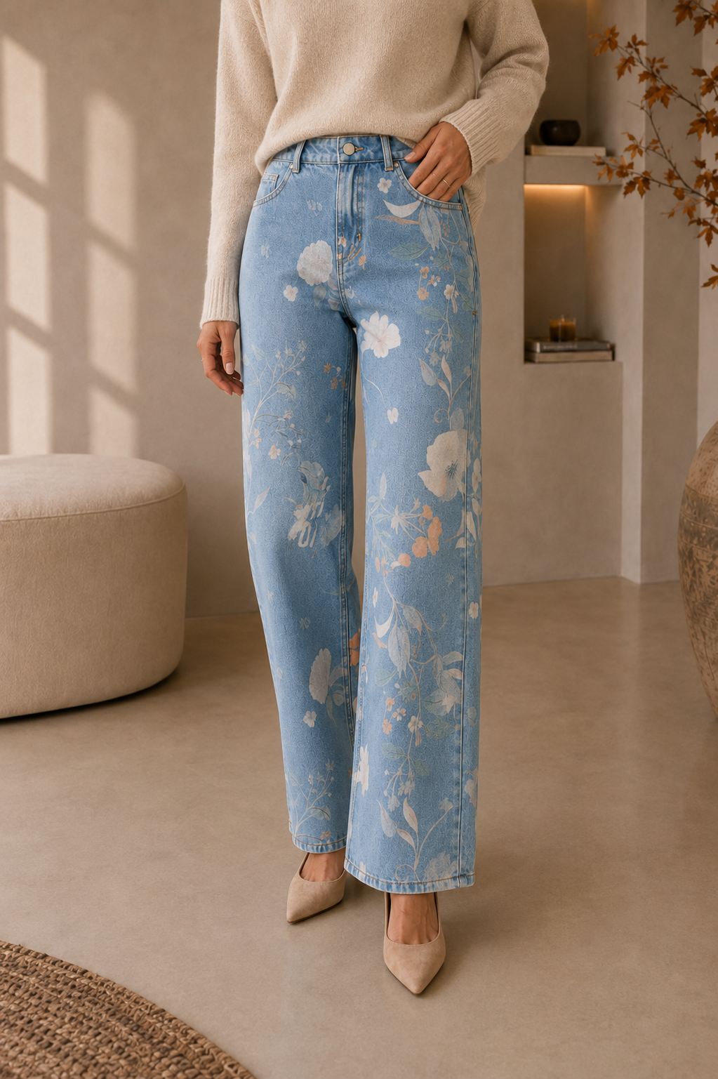 Floral pattern straight-leg jeans for women with five-pocket construction and full-length cut