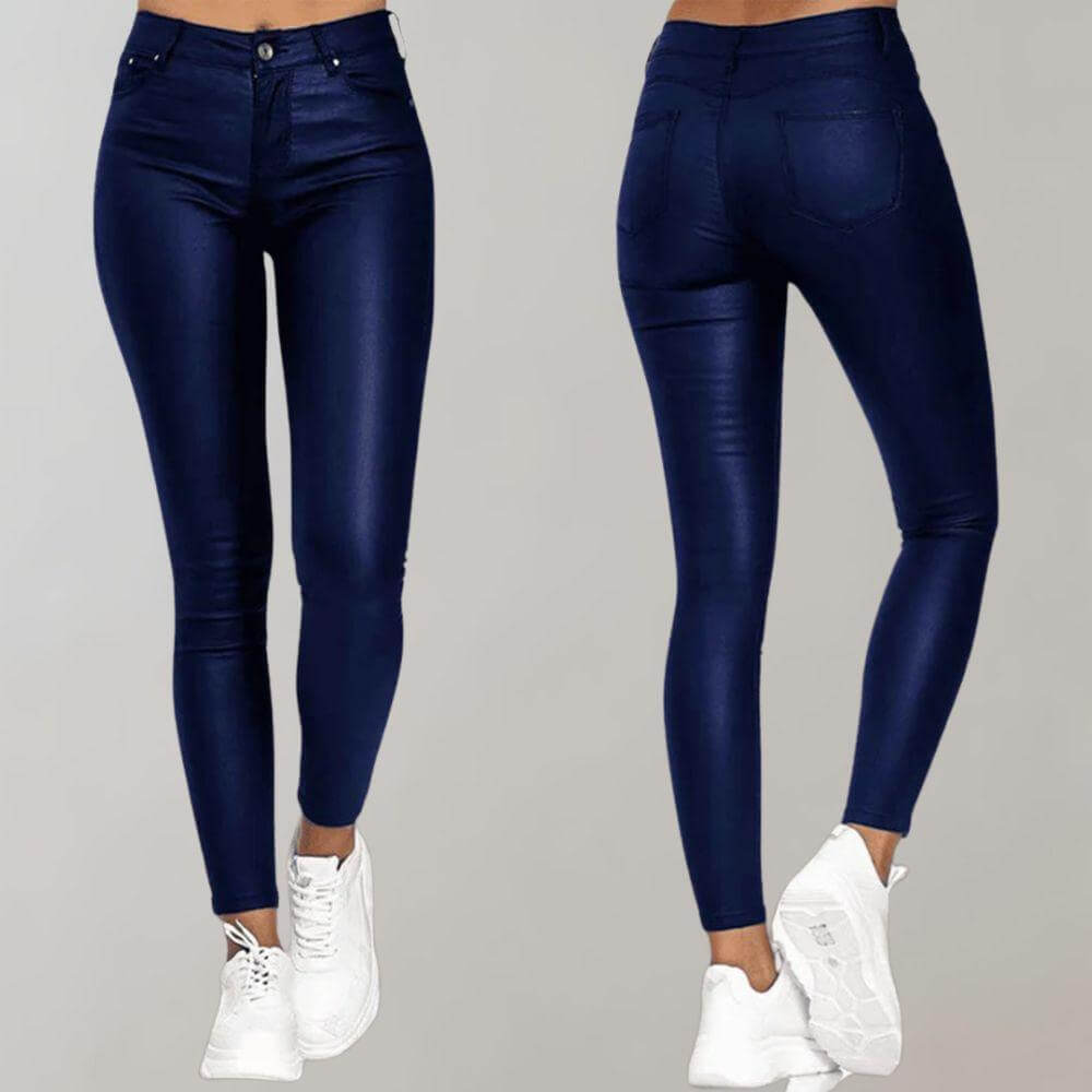 Women's full-length coated synthetic trousers with slim silhouette, front view