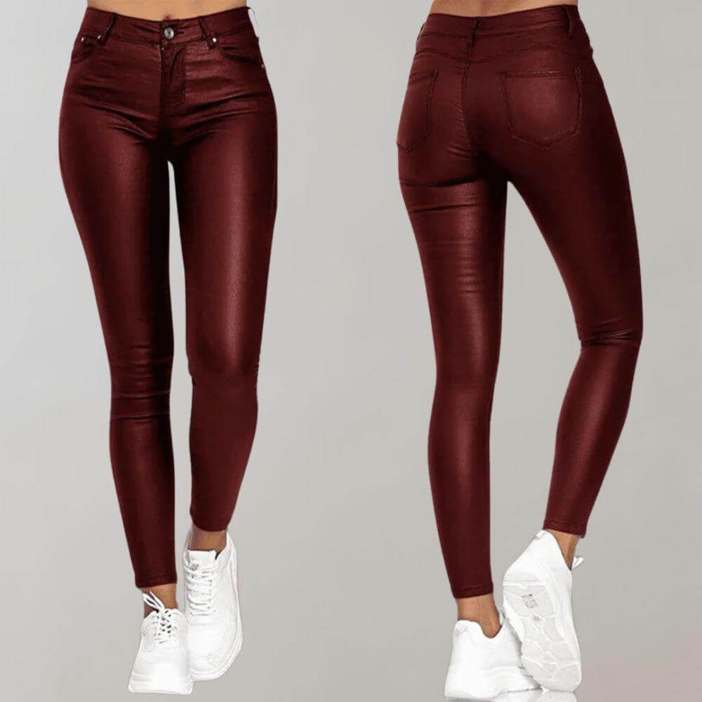 Women's coated trousers in slim-leg cut with uniform surface finish, front view