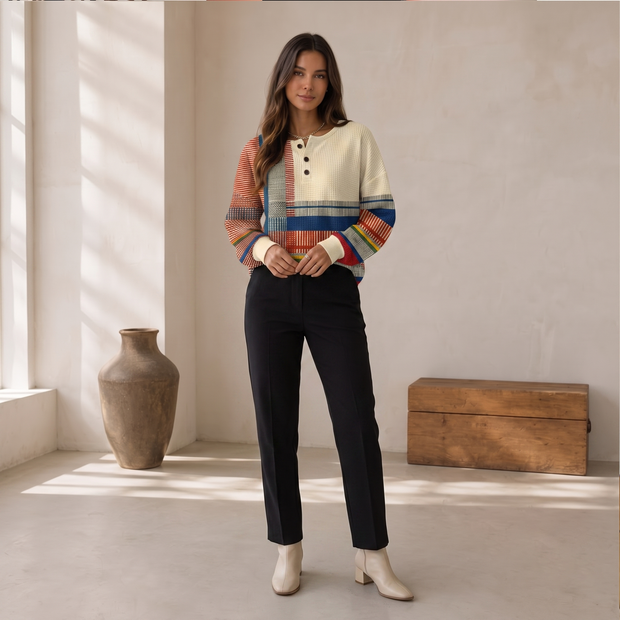Women's patterned waffle-knit cotton-blend top with round neckline and button placket