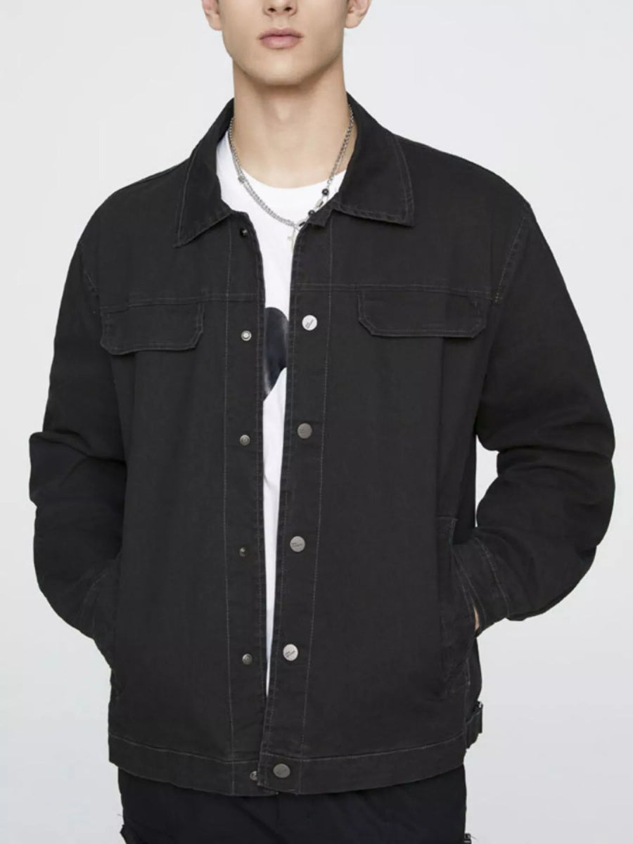 Men's long-sleeve utility jacket with minimalist design and cuffed sleeves