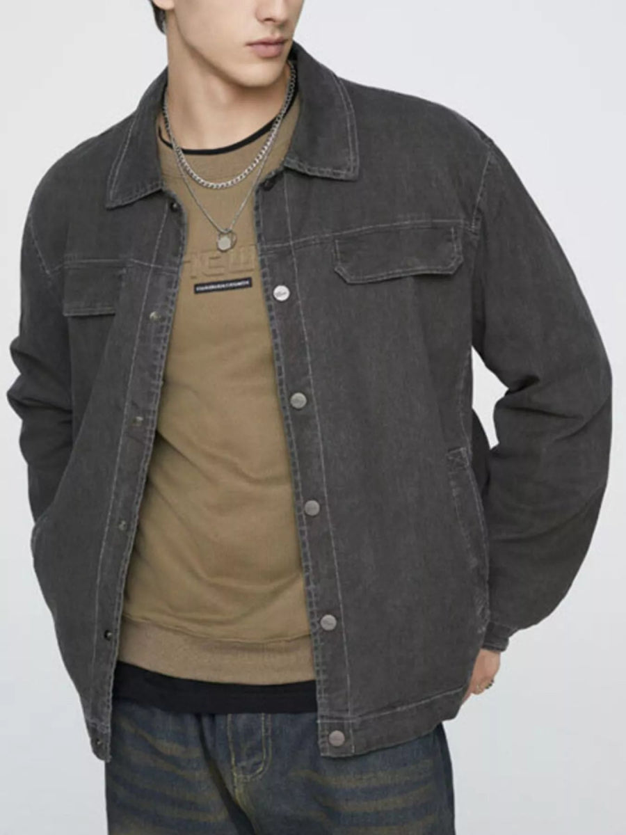 Men's utility jacket with button-front closure and structured cuffed sleeves