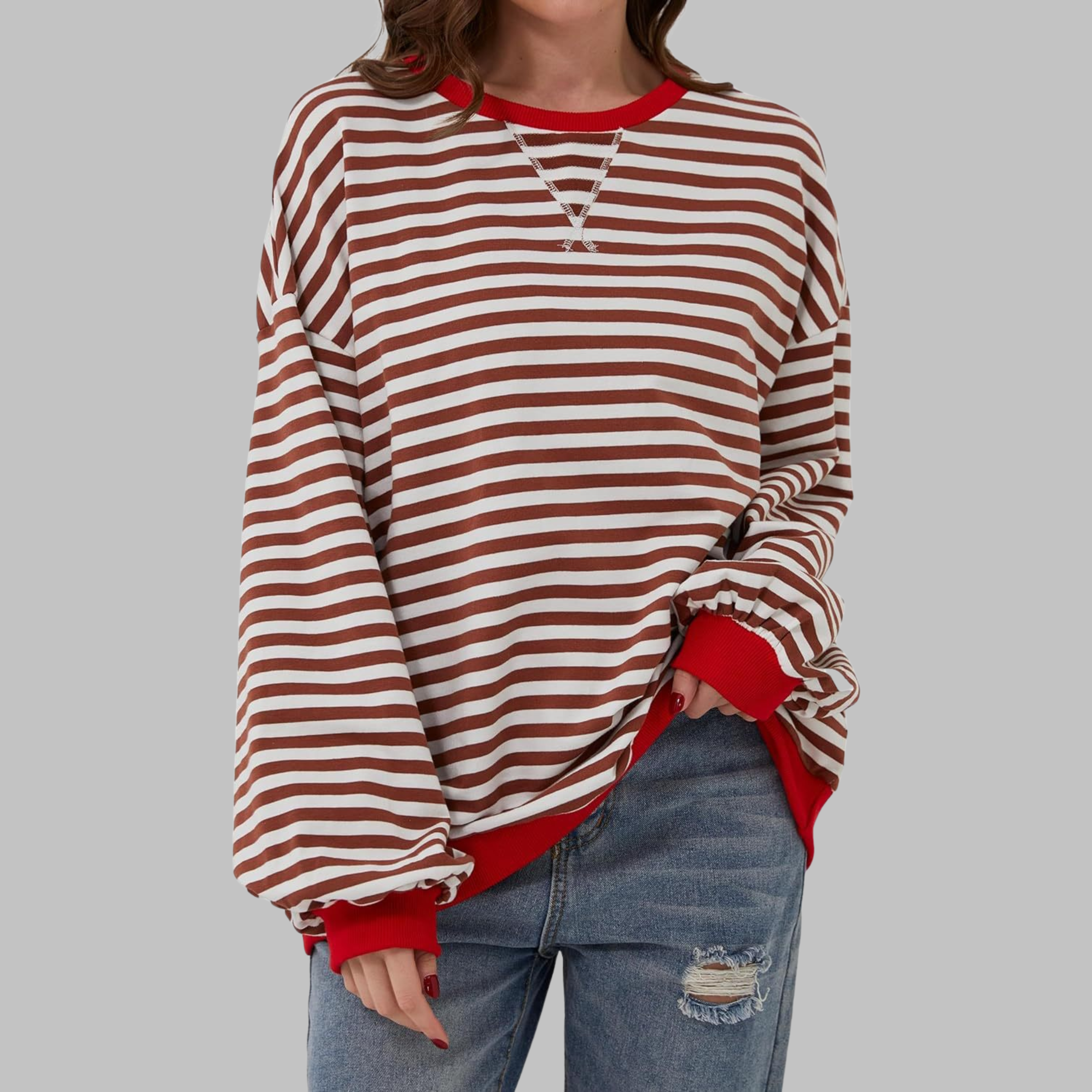 Casual oversized sweatshirt for women with classic stripes and contrast trim on cuffs and hem