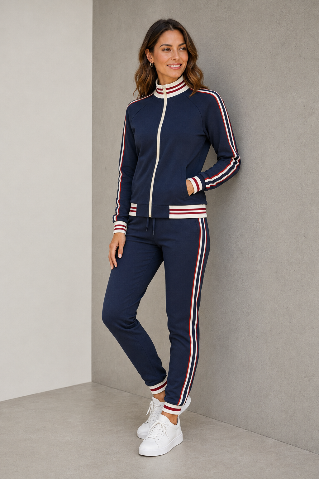 Women's striped zip-up tracksuit set in dark blue