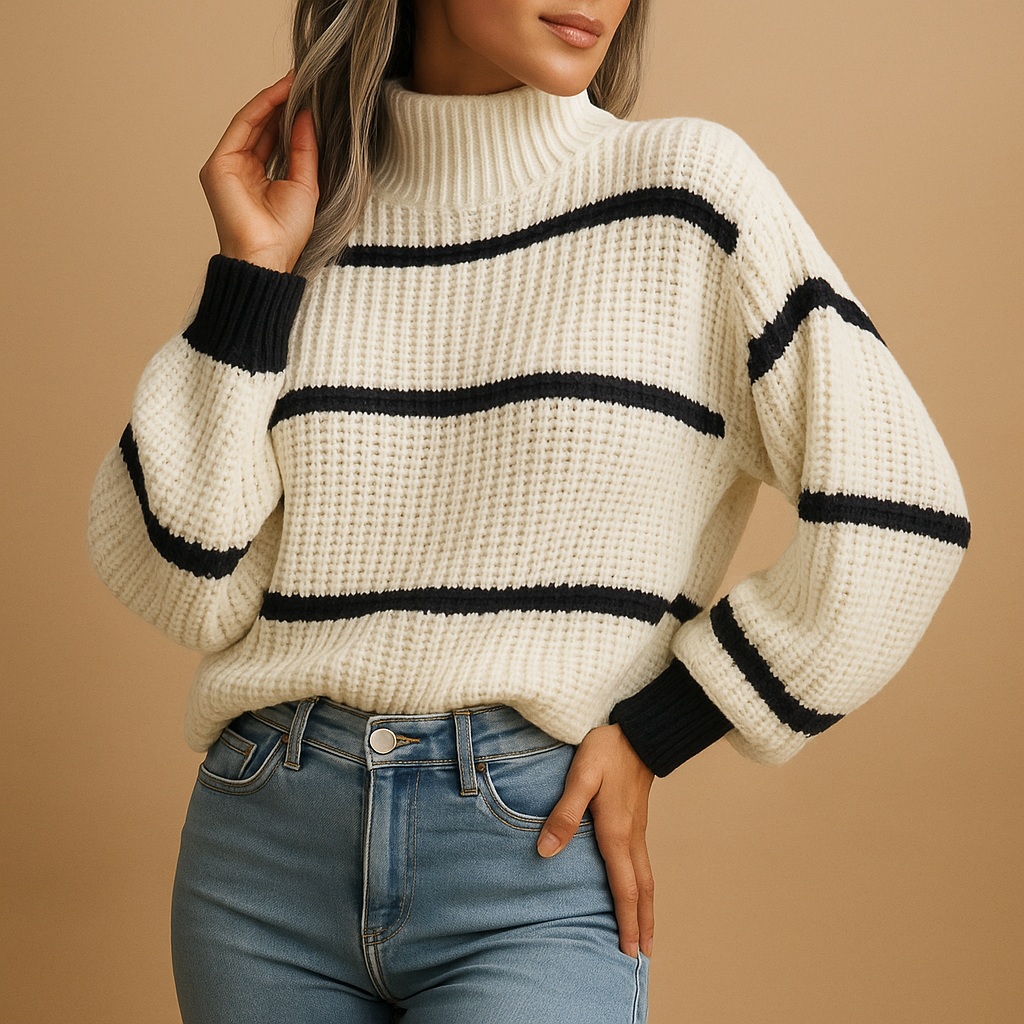 Women's striped ribbed cotton-blend sweater with high neck and long sleeves