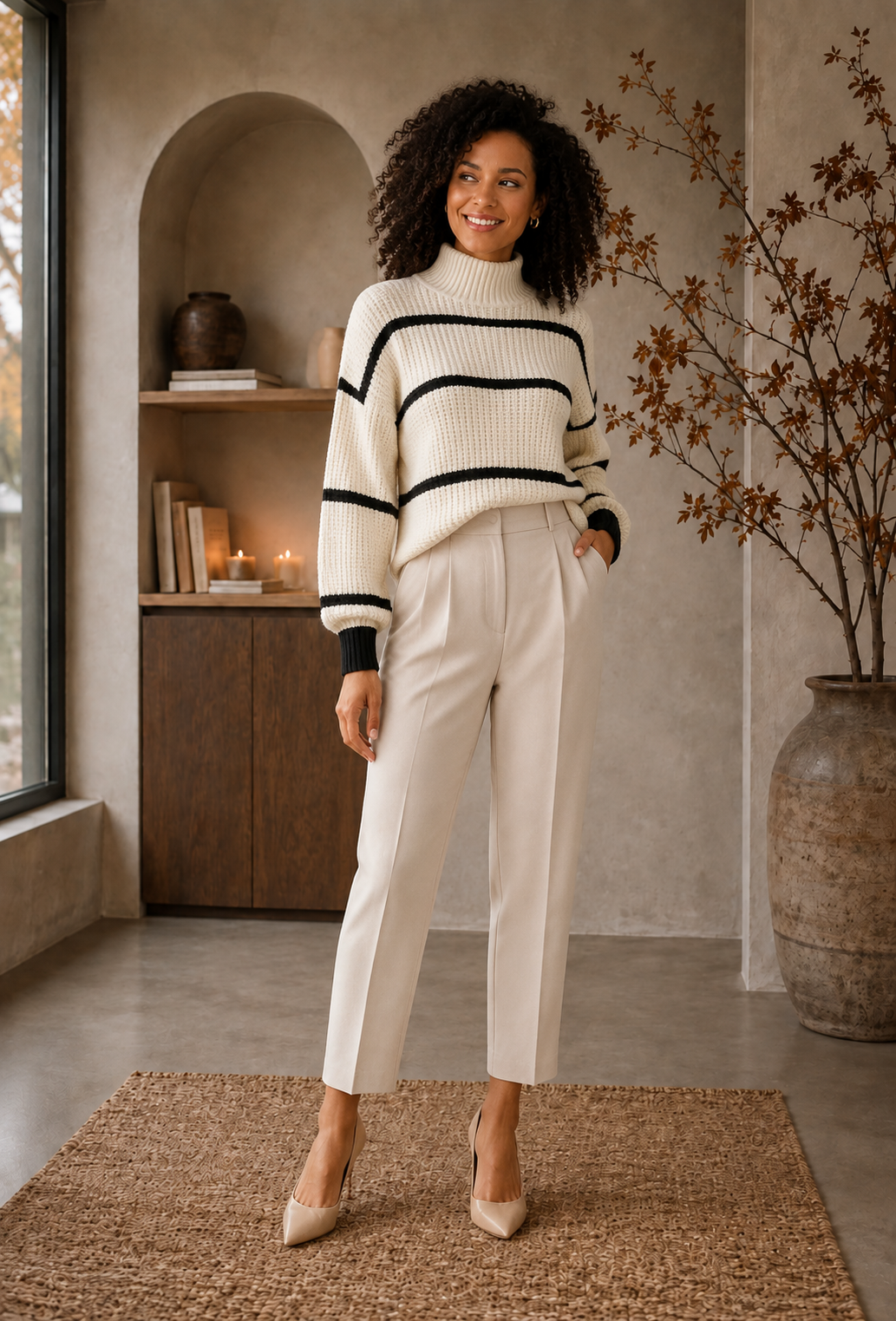 Women's striped ribbed cotton-blend sweater with high neck and long sleeves