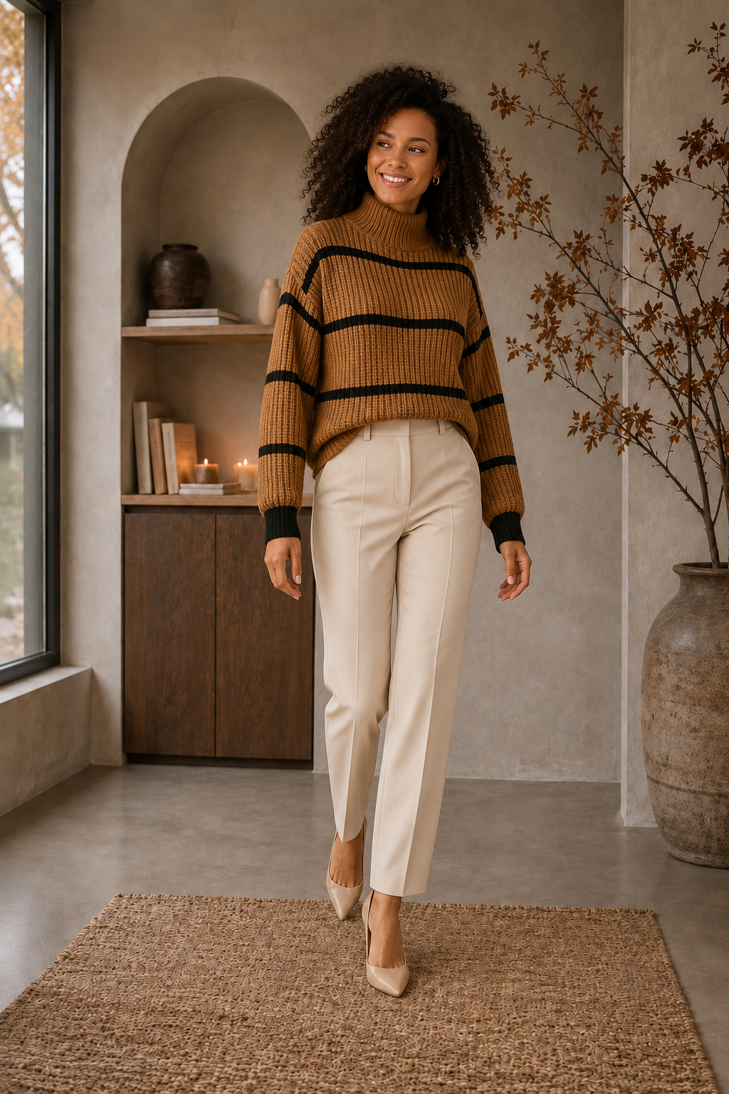 Striped ribbed high-neck sweater for women in cotton-blend knit