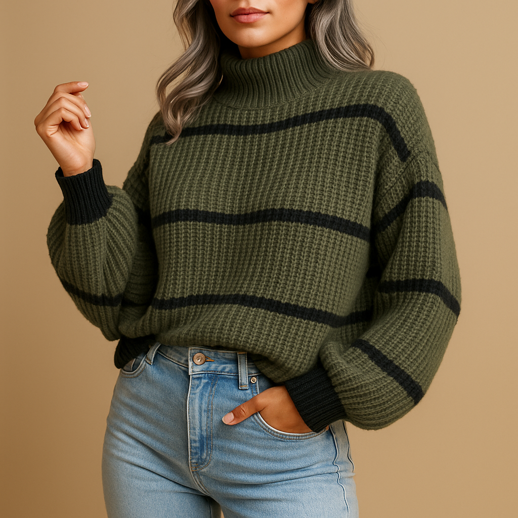 Women's long-sleeve ribbed sweater with stripe pattern and high neckline