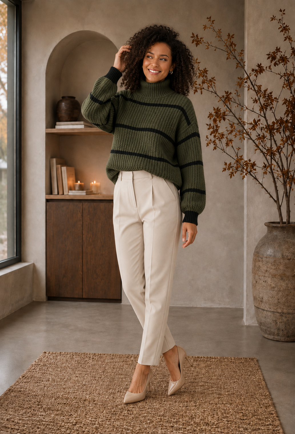 Women's long-sleeve ribbed sweater with stripe pattern and high neckline