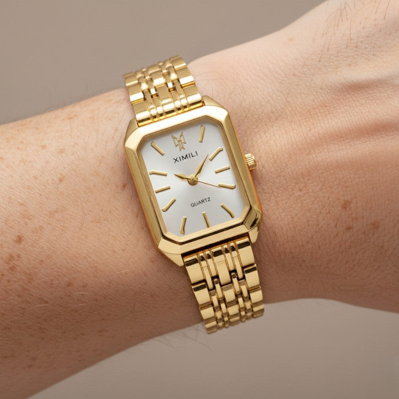 Linked bracelet detail on women's quartz watch