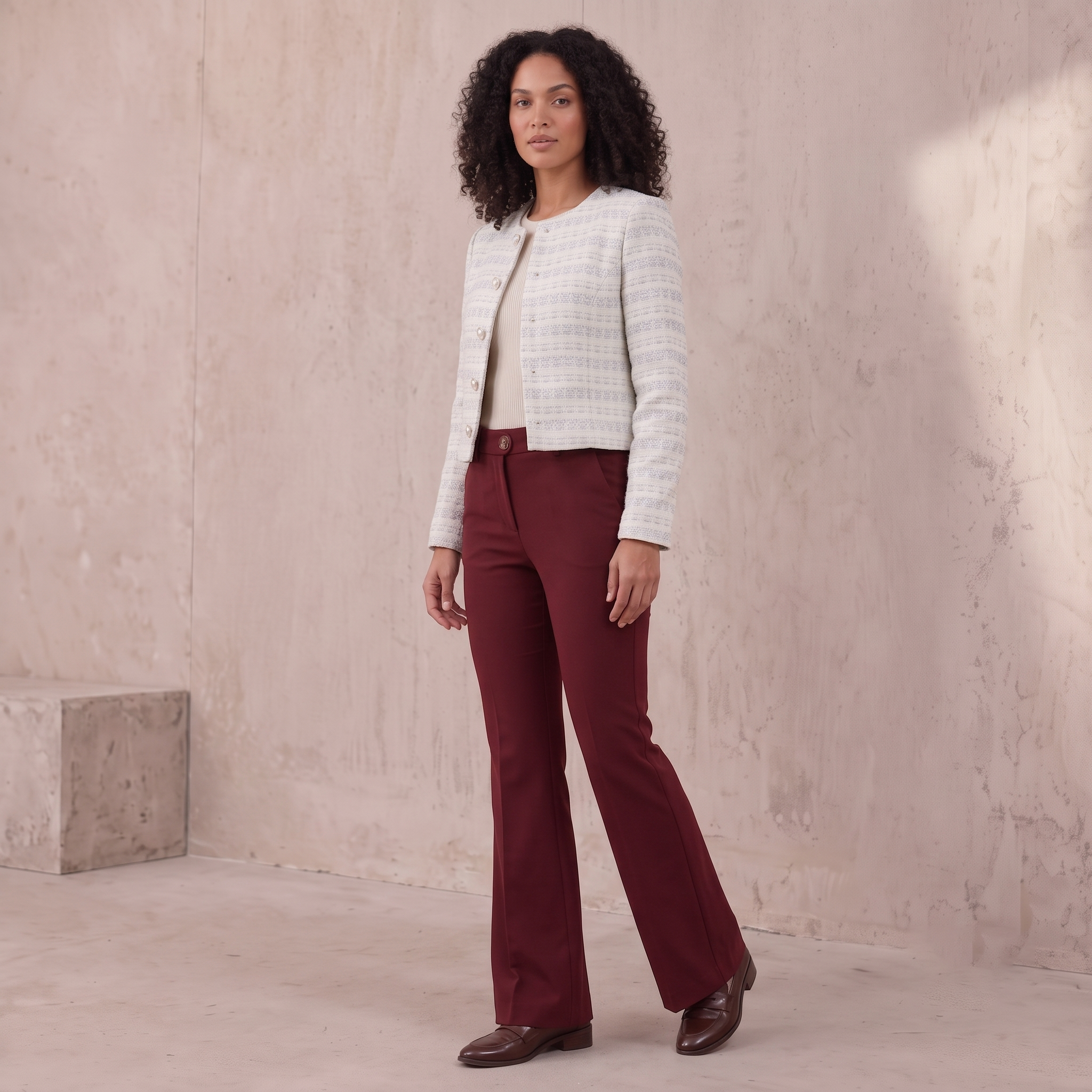 Women's high-waist flared trousers in wool blend with tailored fit and smooth textured finish